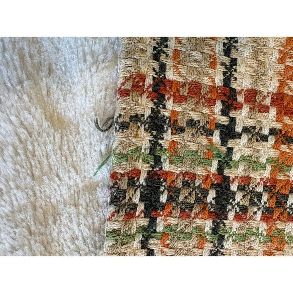 Vintage Woven Remnants Fabric Orange Yellow Green Brown Plaid MCM 2 Pieces